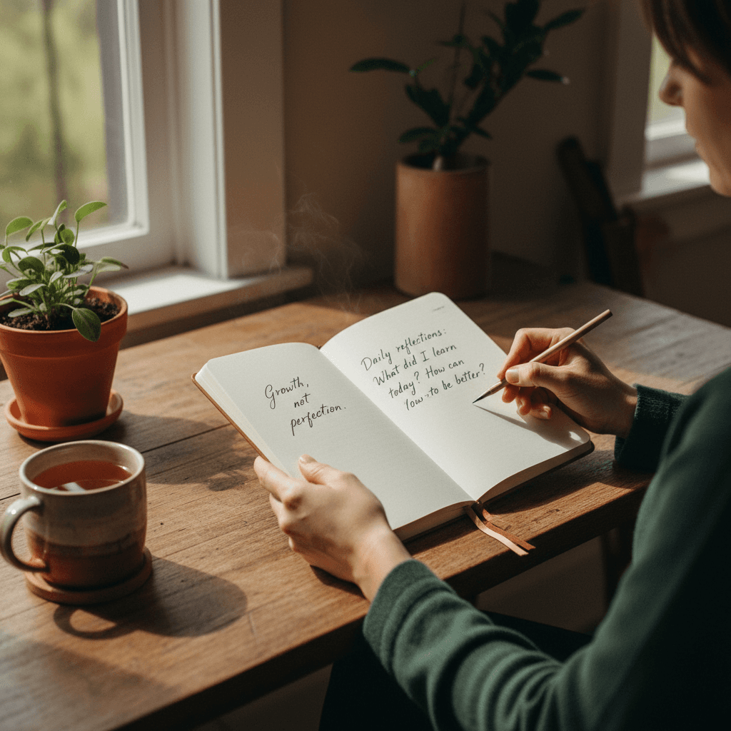 Calm hands resting on an open journal with a smooth stone beside it