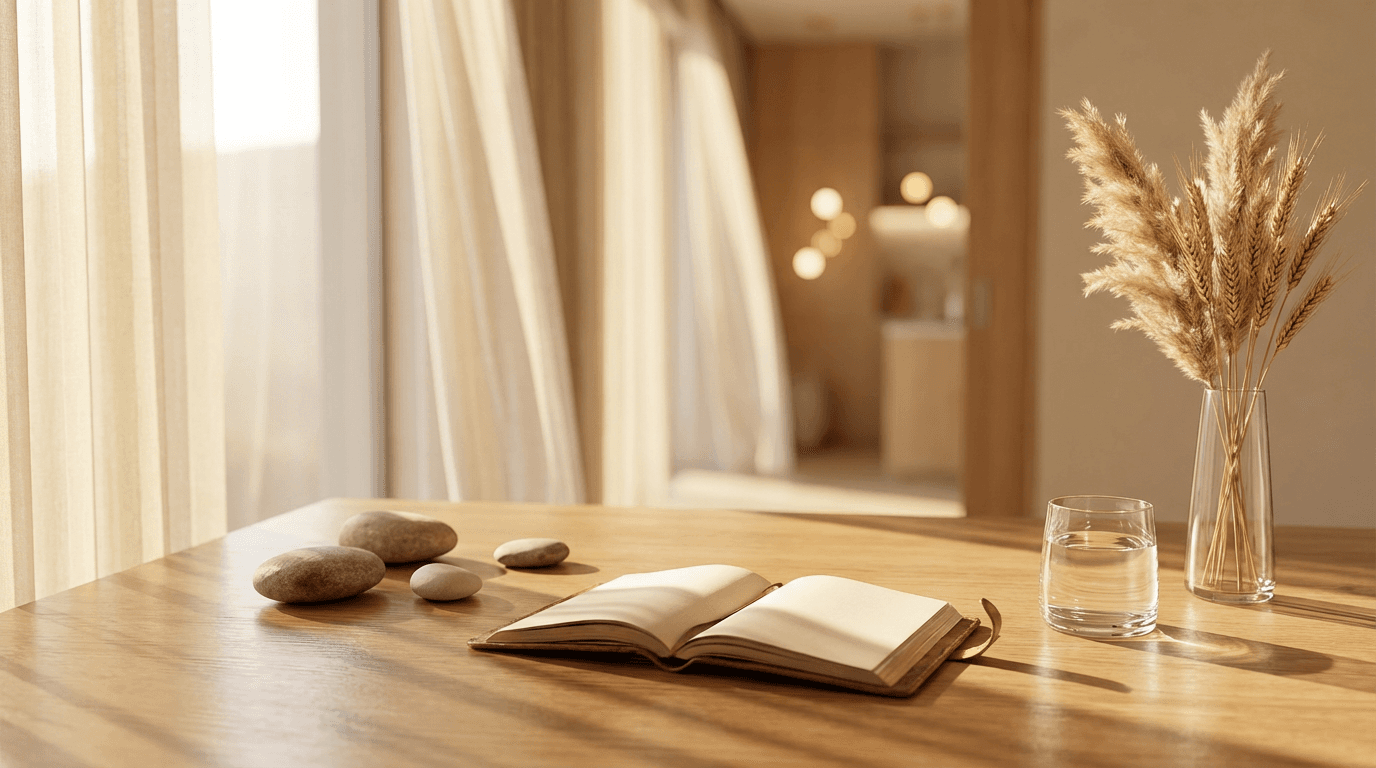 Serene spiritual workspace with candles, stones, and a journal, evoking calm and grounded guidance