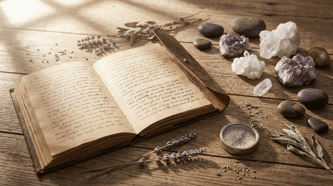 Structured arrangement of spiritual tools on a wooden table