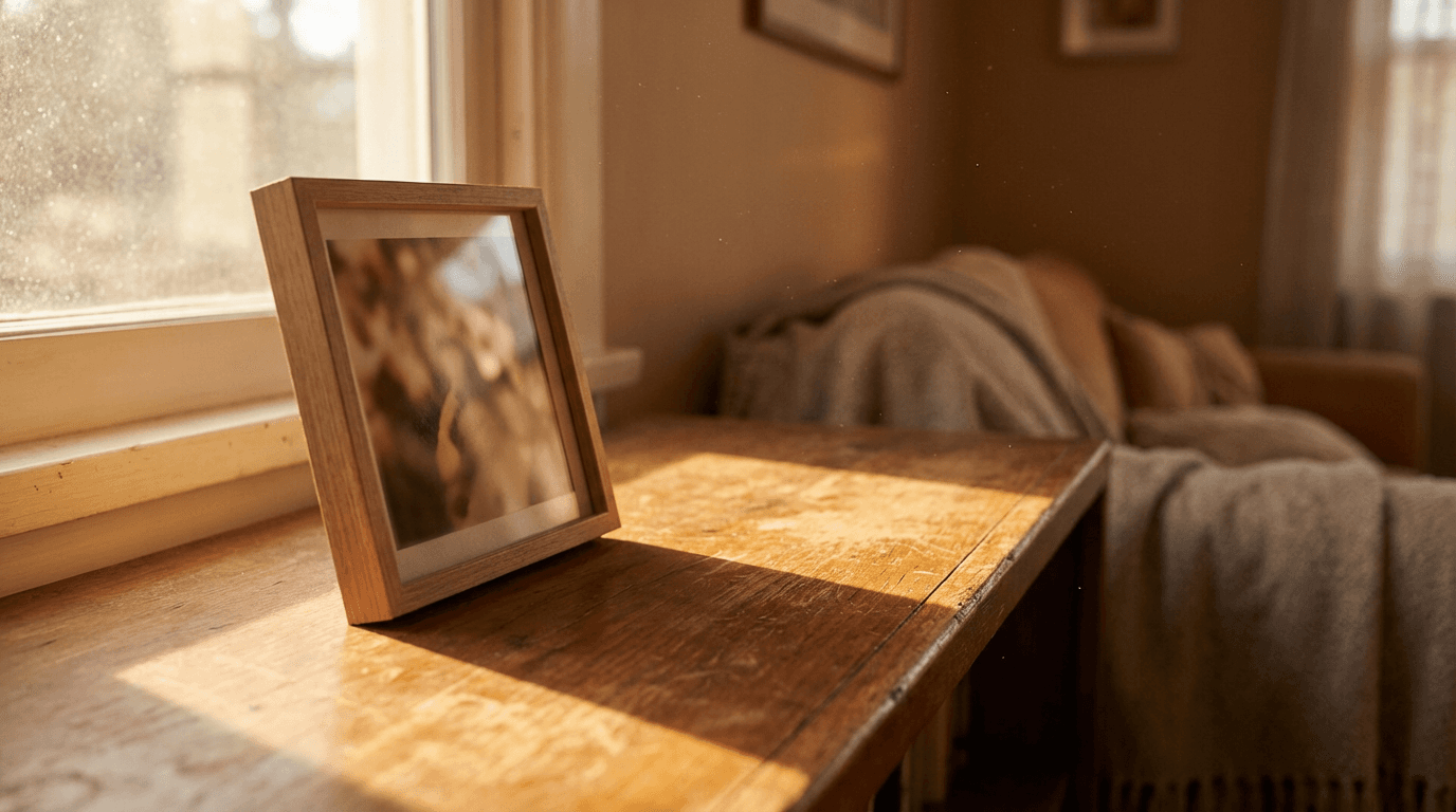 Hand resting on wooden table beside a candle flame