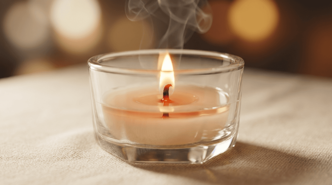 Close-up of a candle flame reflected in water