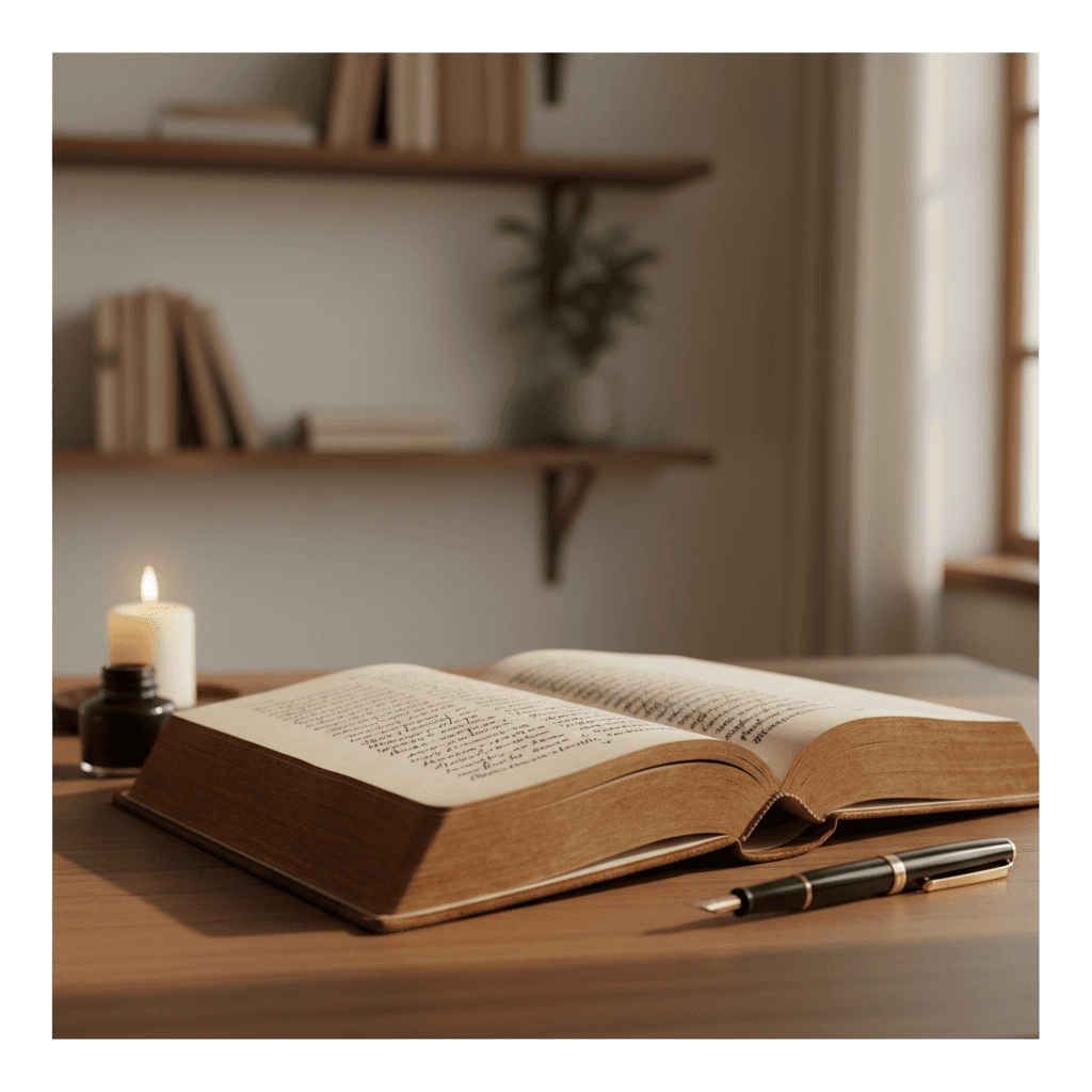 Open journal with handwritten notes and a smooth stone on a wooden desk
